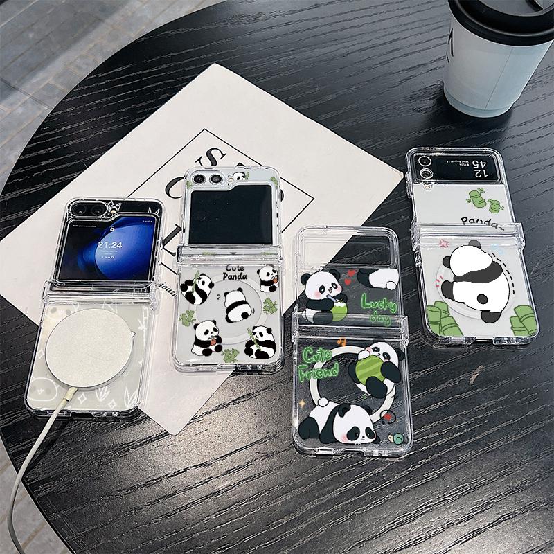 3 STÜCKE Faltbare Stoßfeste Hülle für Samsung Z Flip6 Flip5 Flip4 für Magsafe Magnetisch Cartoon Pandas Muster Transparent Hartes PC Slim Case Abdeckung