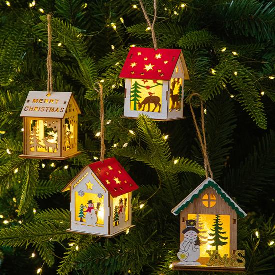 Wooden Christmas Decor with LED Light 3D Carved Hanging Wood Star/Village House/Bell/Gift Box Ornament for Xmas Tree Decor