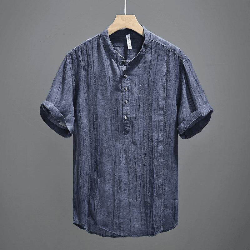 Men's Linen Blend Henley Shirt Short Sleeve Stand Collar Casual Top