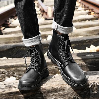 Men's High Top British Style Worker Boot Men's Genuine Leather Mid-Top Platform Leather Boots Retro Casual Men's Shoes
