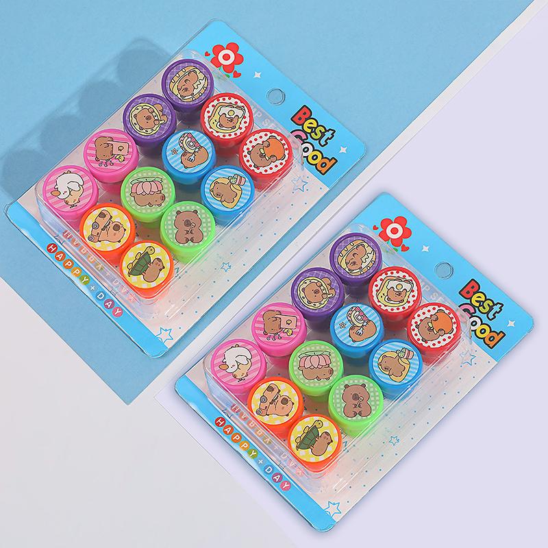 12-Packed Kawaii Capybara Cartoon Stamps; Self-ink Kid's DIY Painting Toy, Album, Children's Prize