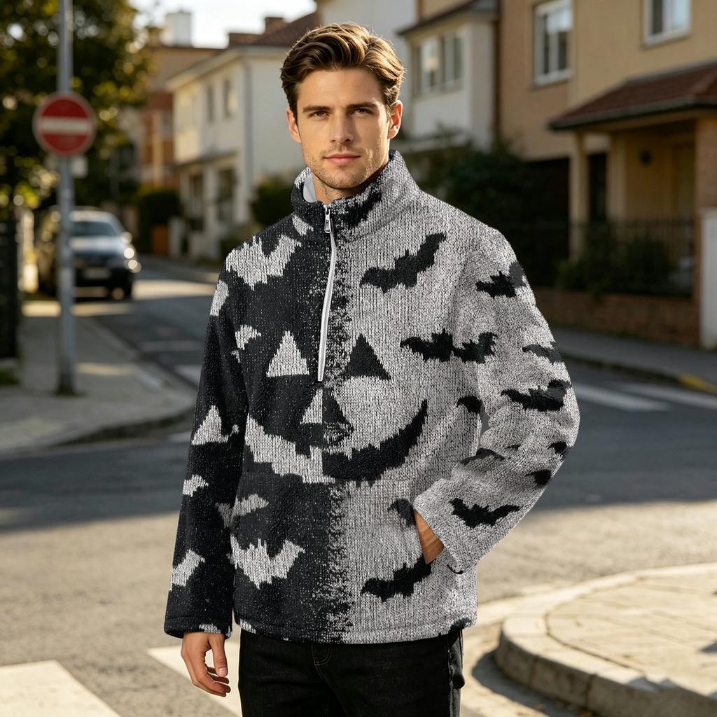 Men's Halloween Print Flannel Zip-Up Sweatshirt with Stand Collar, Plus Size Fall Winter Casual Top