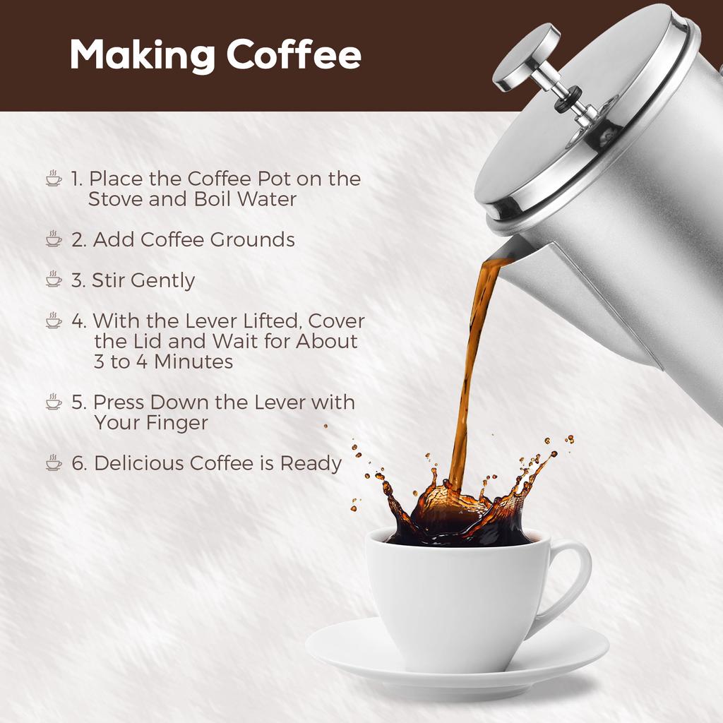 Kaffepresse 1L Stor Kapasitet 304 Rustfritt Stål Kaffepresse med Sammenleggbart Håndtak for