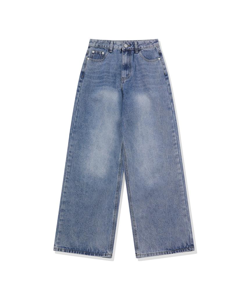 CHAMBROS Women'S Semi-Wide Washed Denim Pants [Medium Blue]