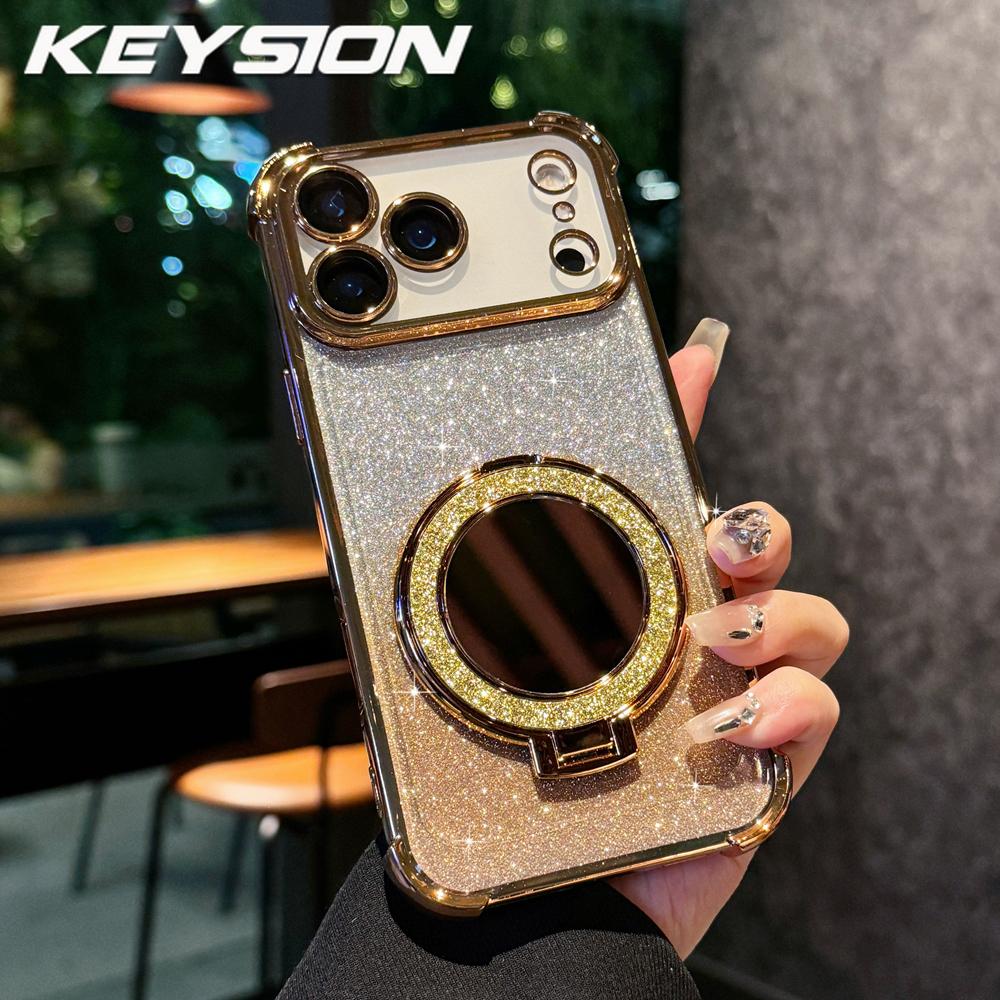 KEYSION Gradient Glitter Magnetic Phone Case for MagSafe for iPhone 17 Pro Max 17 Air Makeup Mirror Ring Stand Shockproof Cover