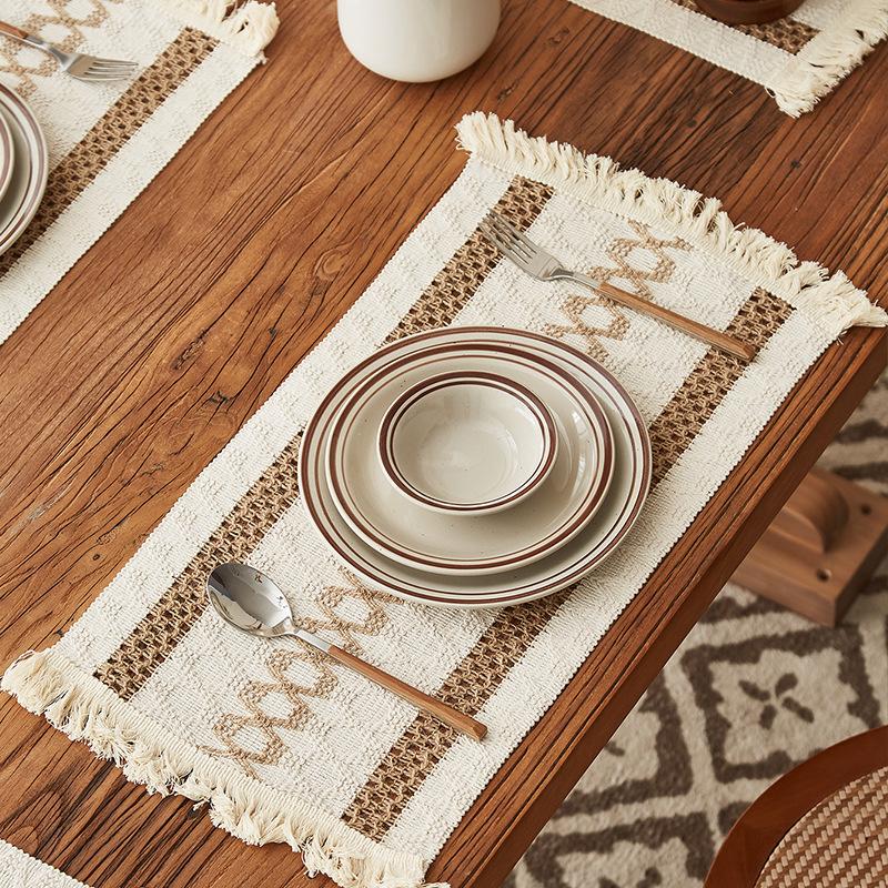 Simple woven tassel American cotton and linen square splicing natural material placemat table mat holiday decorative hemp rope