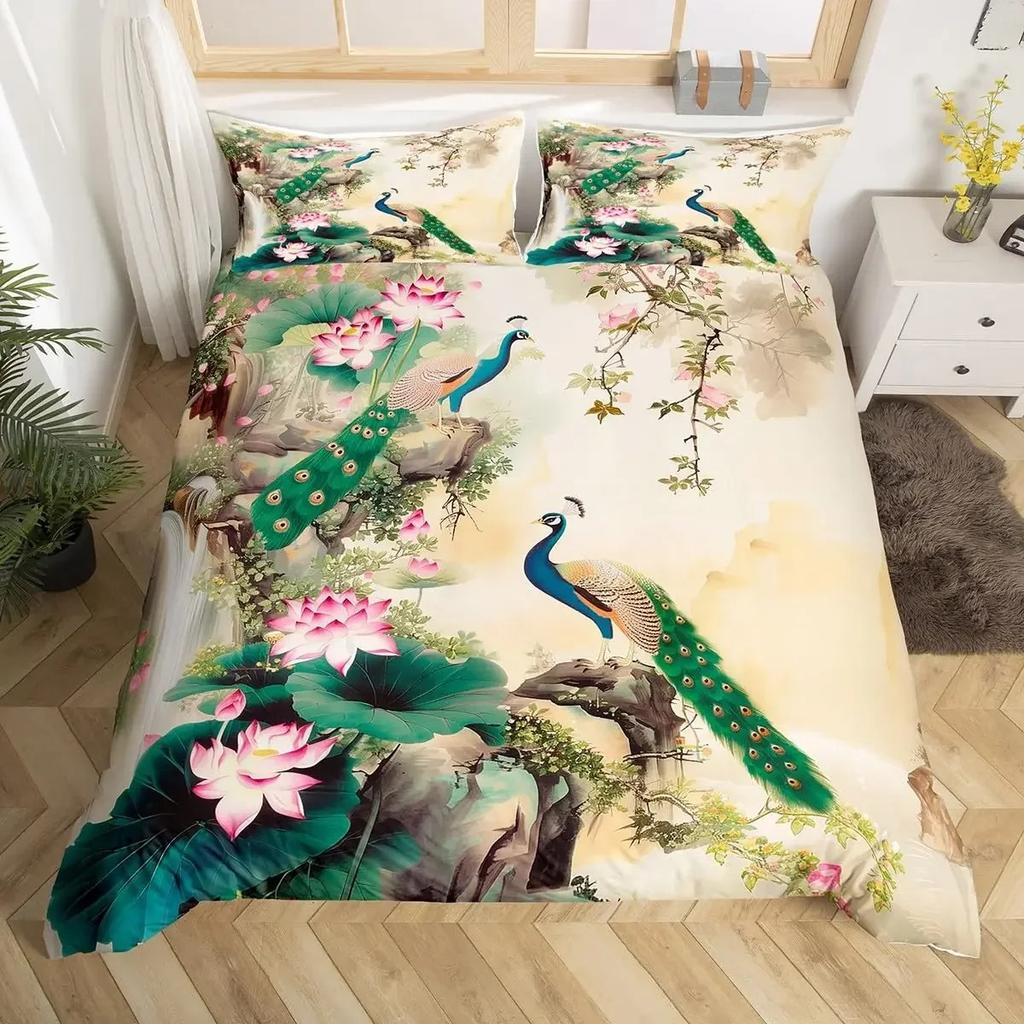 Peacock Duvet Cover Queen Watercolor Feather Bedding Set Bird Animal Floral Print Art Painting Comforter Cover and 2 Pillowcase