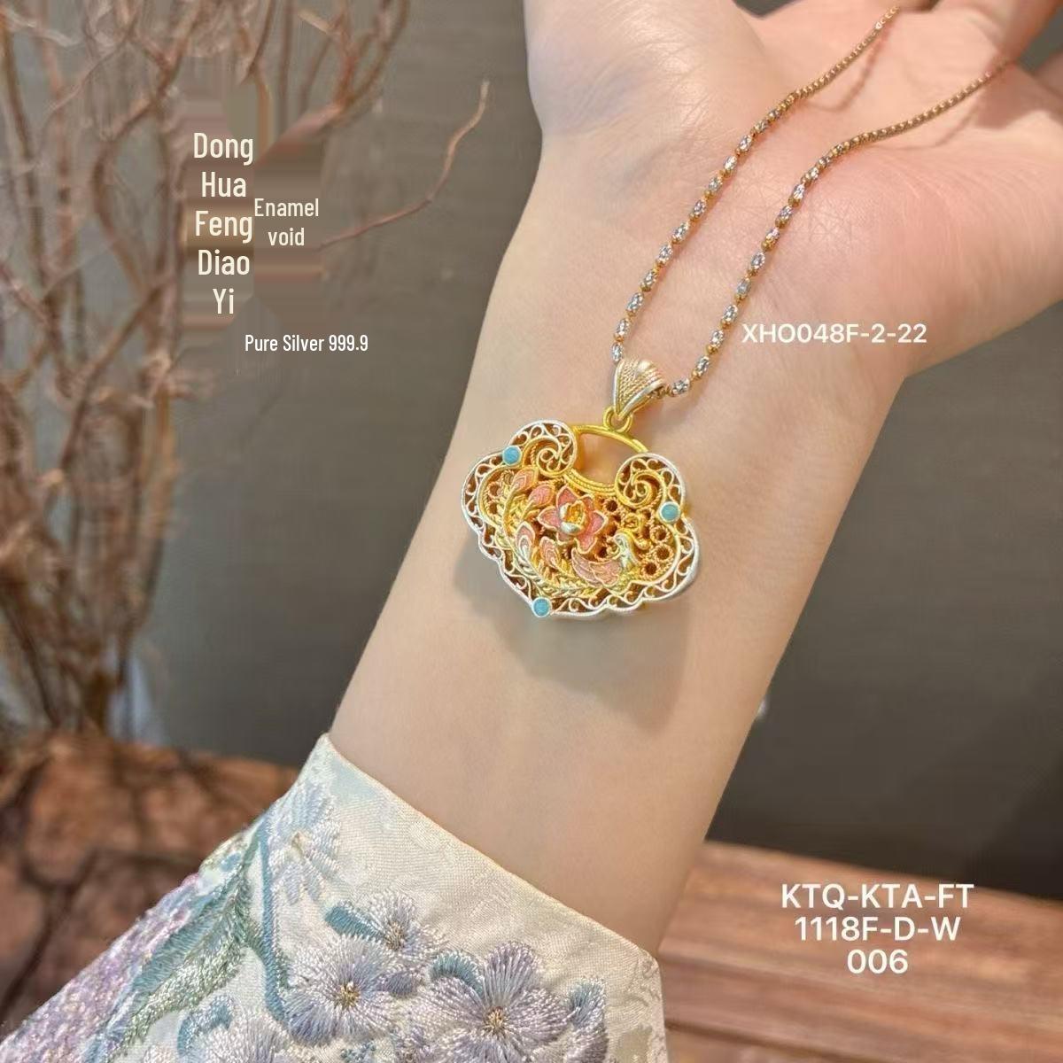 Sterling Silver Lotus & Phoenix Pendant Necklace - Enamel Craftsmanship, Chinese Style, Luxurious Charm 999.9 Fine Silver