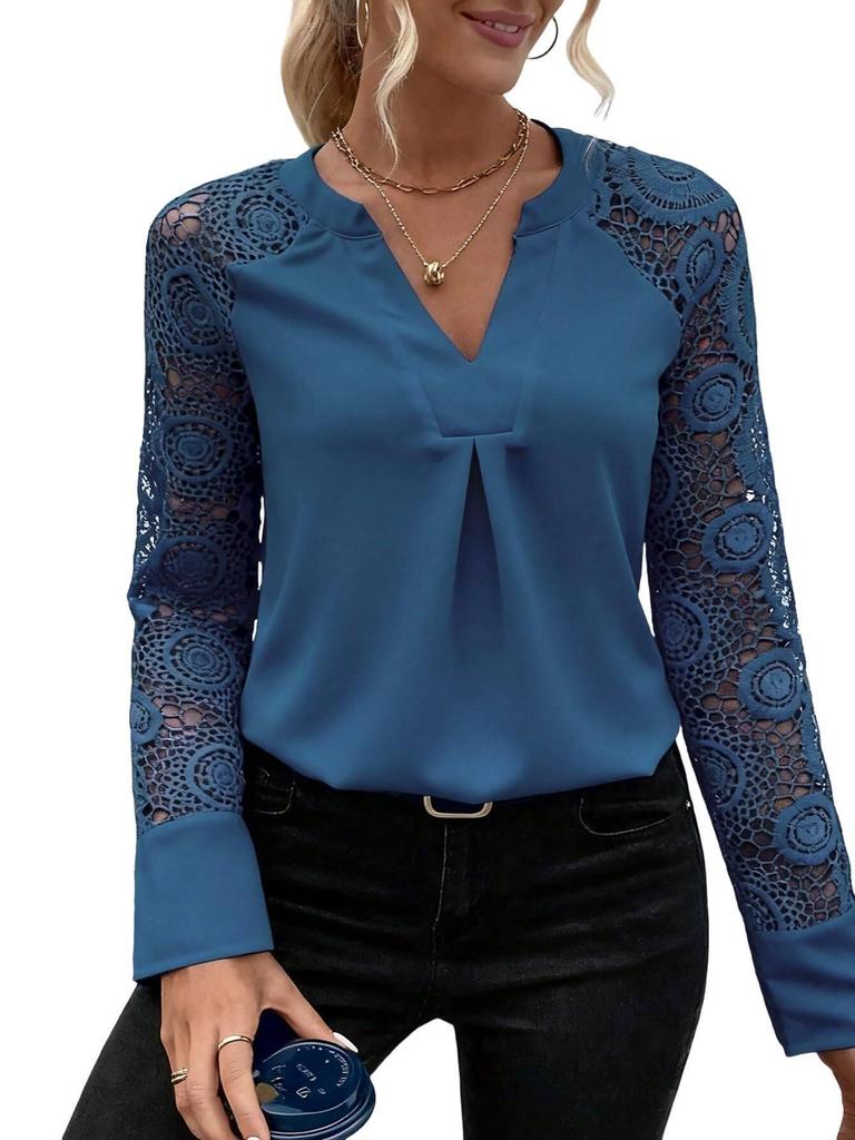V-neck Patchwork Embroidery Lace Long Sleeve Women's Spring/Summer Top