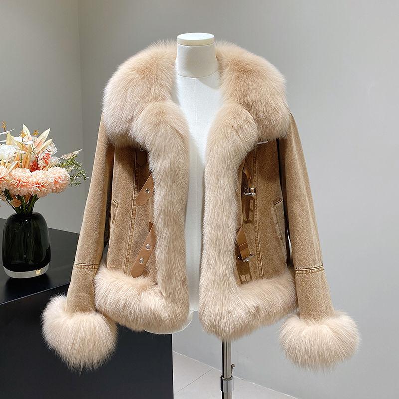 

Большая джинсовая стеганая куртка с меховым воротником для женщин, осенне-зимний стиль, корейский стиль, маленький аромат, очень красивая хлопковая куртка, утолщенная 2XL