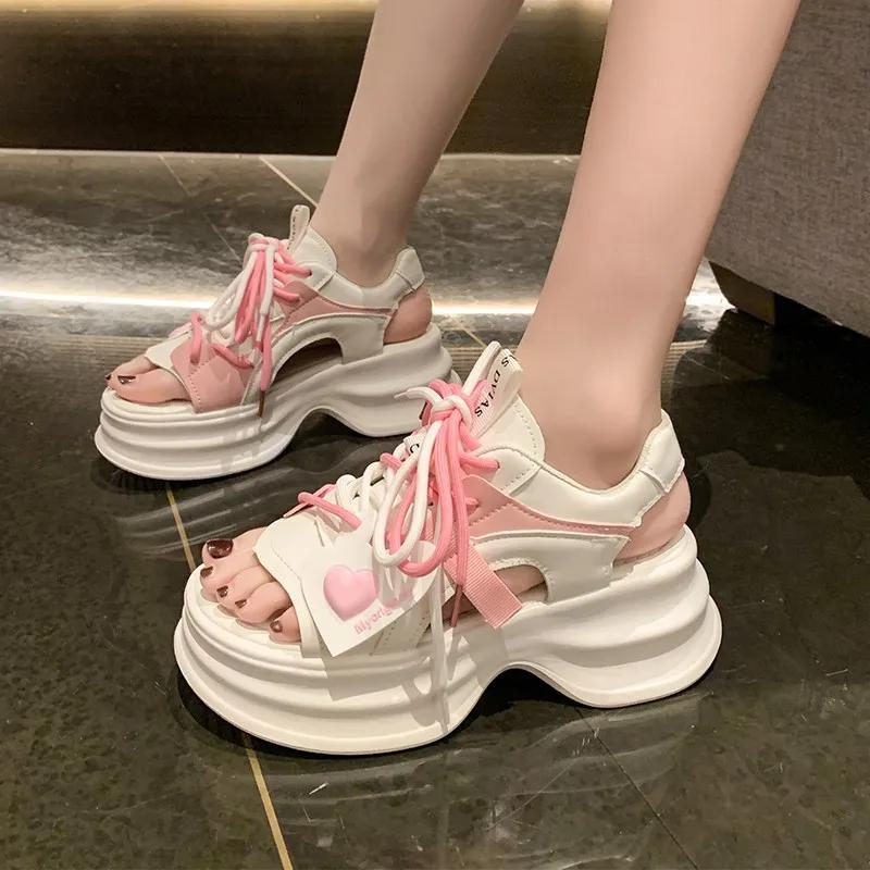 

Мода Мода Спорт Платформа Сандалии Лето Толстая Подошва Клин Обувь для Ходьбы Женщина Пип-То 2024 Шнуровка Массивный 35 розовый