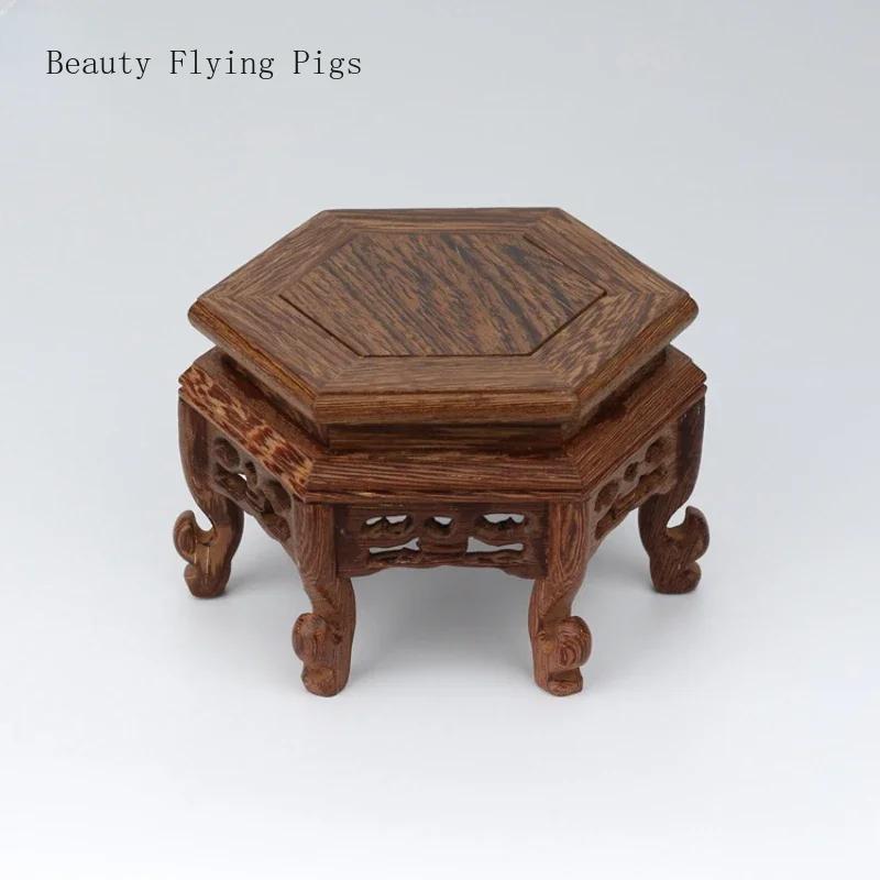 Chicken wing wooden hexagonal platform base Purple clay teapot holder Vase base Living room desktop balcony home decoration