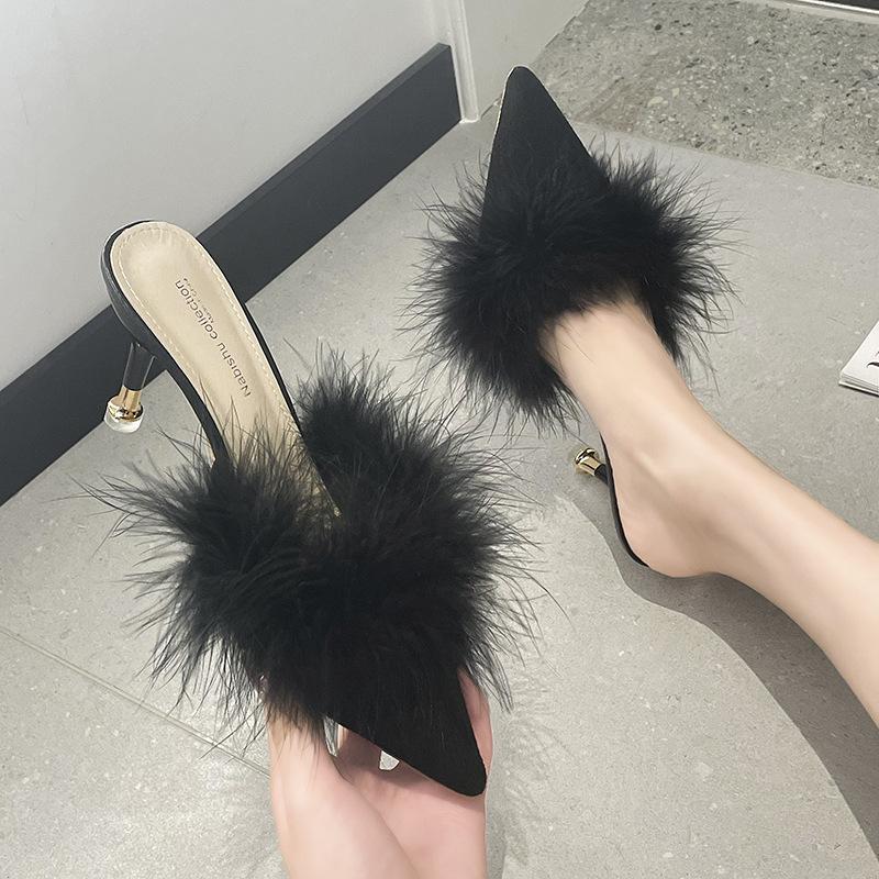 High-heeled Slippers New Large-size High-heeled Stiletto Hairy Pointed Sandals Women