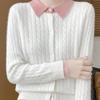 Spring and Autumn Women's Color-Block Cardigan Sweater Collared Loose Soft Knit Cardigan Top