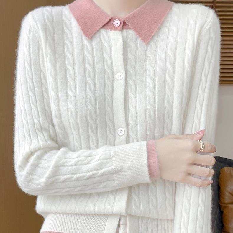 Spring and Autumn Women's Color-Block Cardigan Sweater Collared Loose Soft Knit Cardigan Top