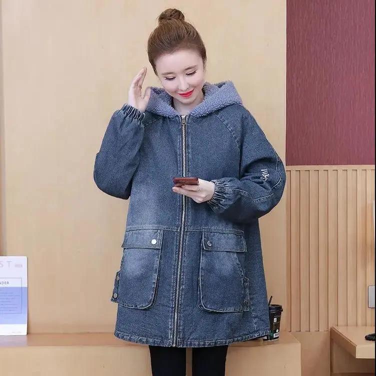 Women's Fall and Winter Plus Size Padded Warm Denim Jacket Ladies Medium-length Slim Hooded Outerwear