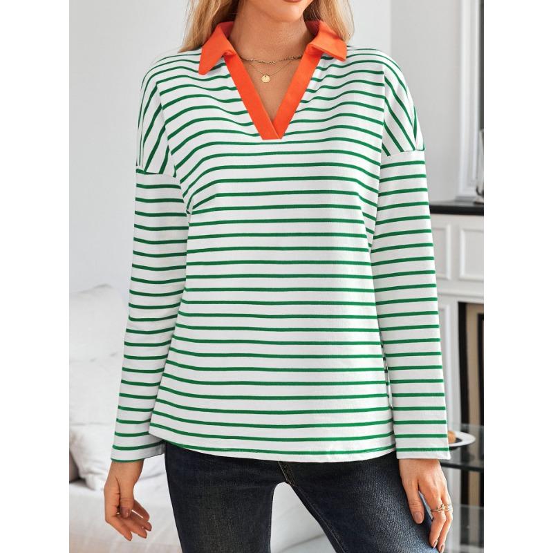 Spring Autumn Women's Striped V-Neck Loose Sweatshirt Lapel Sweatshirt