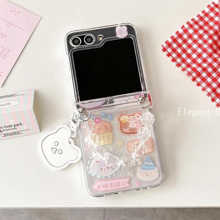 Cartoon Bear Hand Wrist Chain Case for Samsung Galaxy Z Flip 7 6 5 4 3 Flip7 Zflip Beads Bracelet Acrylic Shockproof Hard Cover