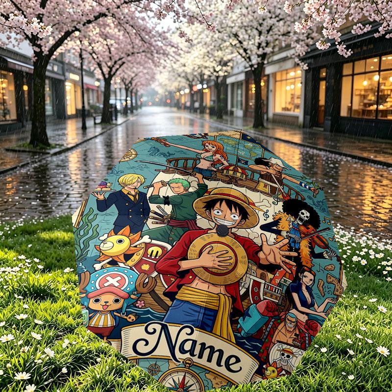 Custom Name Personalized ONE PIECE Print Umbrella, Auto Open Close, 8‑Rib Sturdy Frame, Commute Camping Hiking Use, Birthday Gift