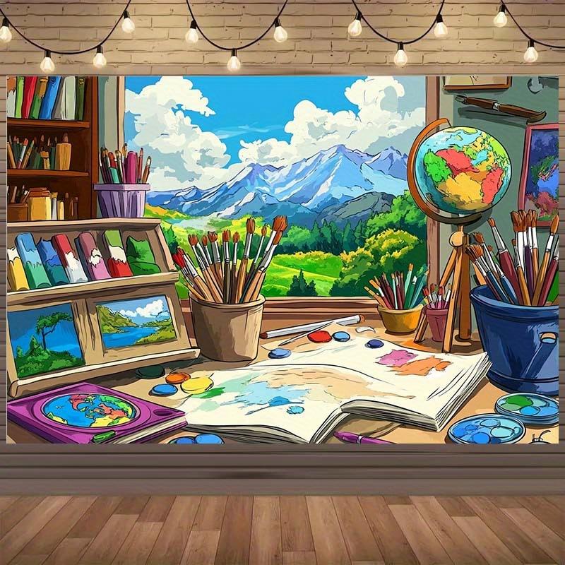 

Art Studio Landscape Painting Supplies Tapestry Creative Workspace Inspiration 2D Flat Printing Backdrop for Artist Studio Decor 74x94cm(29x37in)