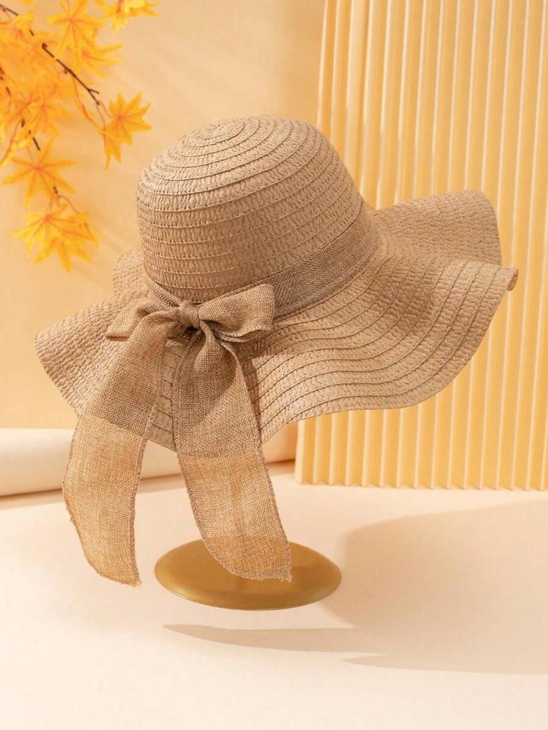 Women Summer White Straw Sun Hat With Polka Dot Bow Beach Travel UV Protection