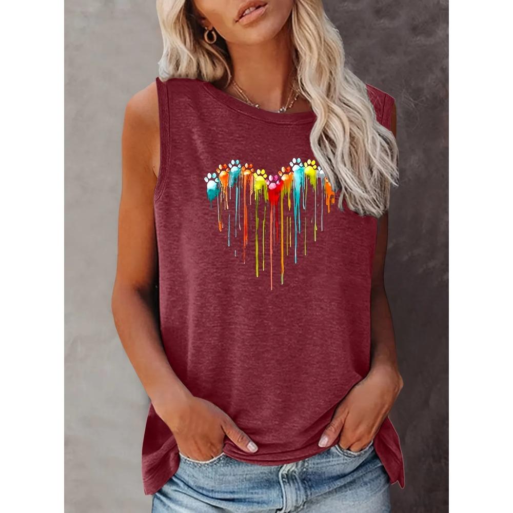 Barevné tílko s kulatým výstřihem a potiskem tlapky, ležérní top bez rukávů na léto, dámské oblečení
