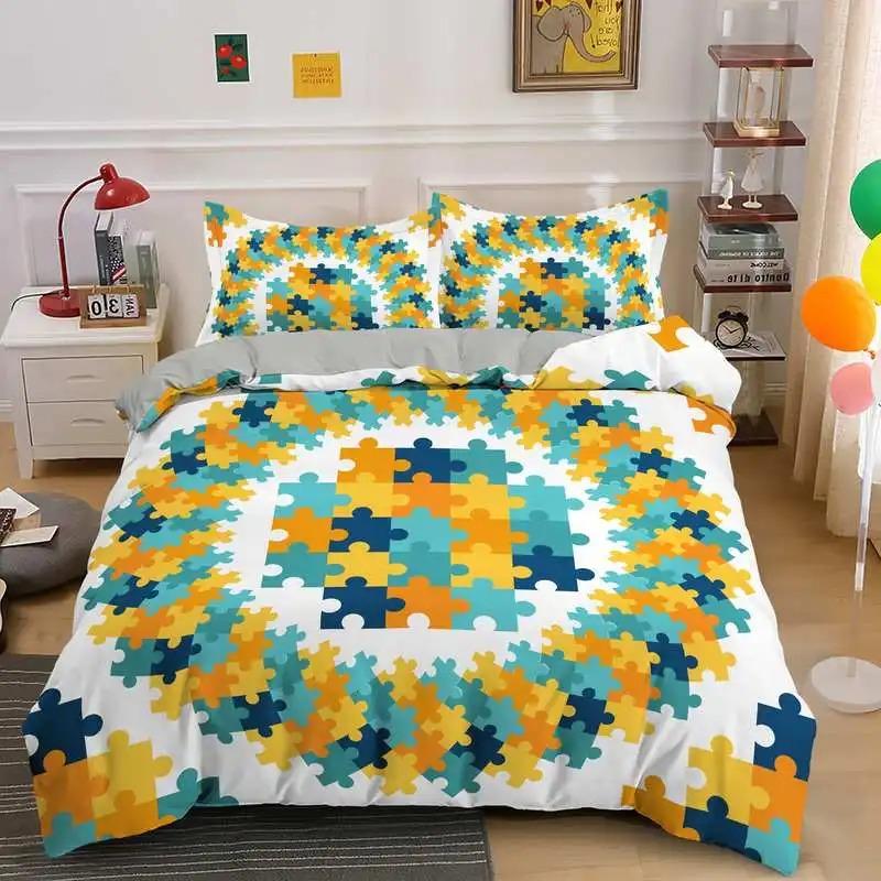 3D Print Colorful Puzzle Duvet Cover King Queen Geometric Figure Quilt Cover Simple Polyester Bedding Set for Kids Boys Girls