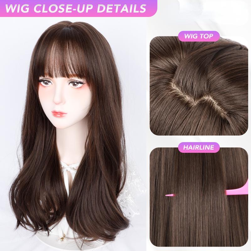 22 Inch Brown Curly Wigs Air Bangs Fiber Synthetic Heat-resistant Wave Hair Sweet And Natural Party or Selfie Korean Fashion