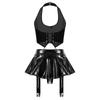 Women PU Leather Crop Top Halter Back Lace Up Built-in Briefs Miniskirt Garter Clips Clubwear Set