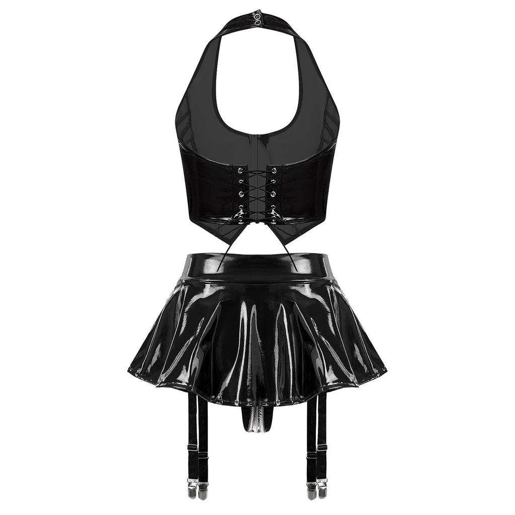 Women PU Leather Crop Top Halter Back Lace Up Built-in Briefs Miniskirt Garter Clips Clubwear Set