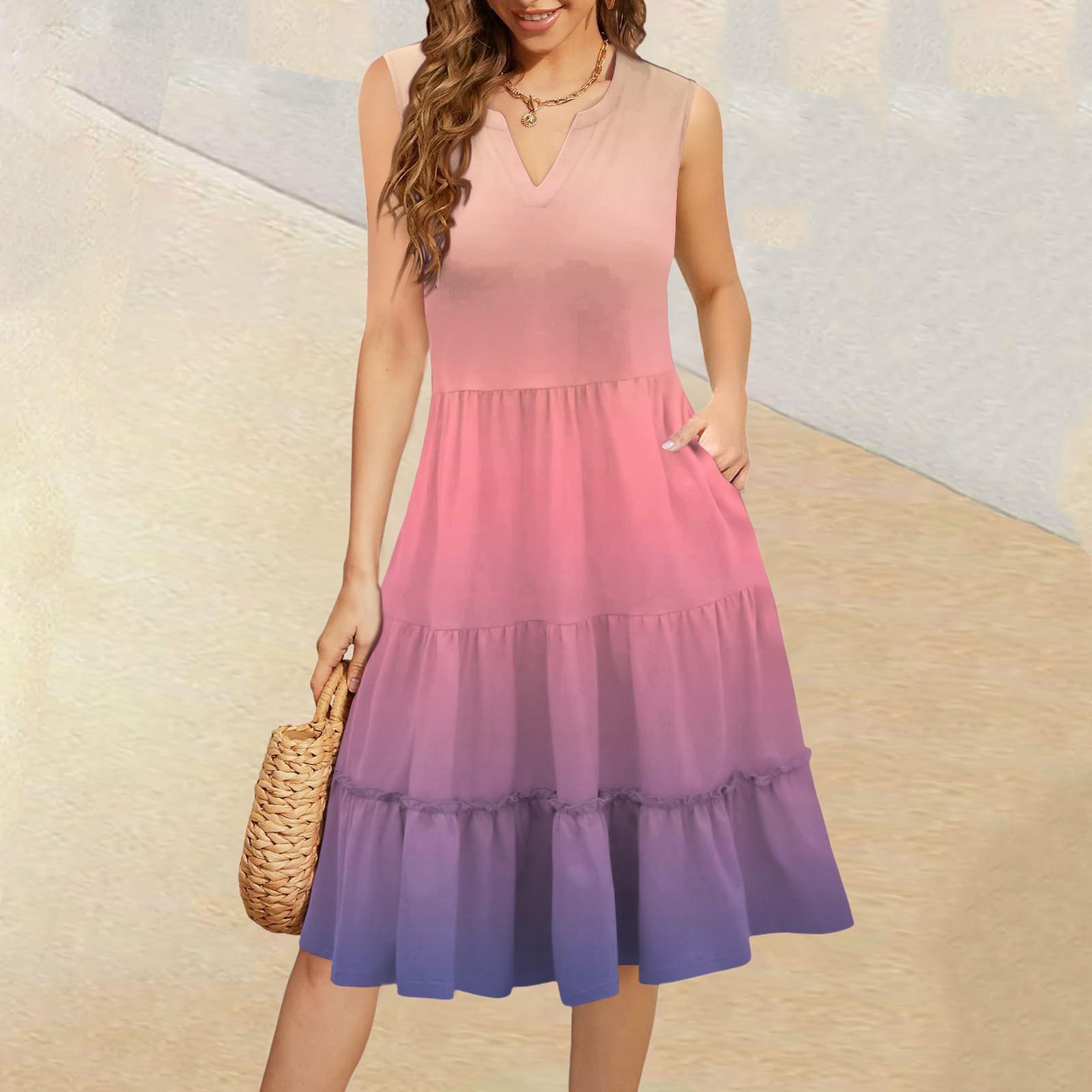 Women s Summer V-Neck Casual Pleated Ruffle Gradient Sleeveless Dresses L