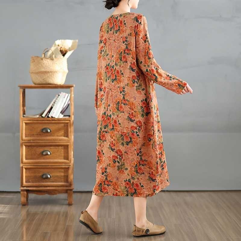 2025 Vintage Printed Round Neck Long Sleeve Patchwork Loose Plus Size Long Dresses