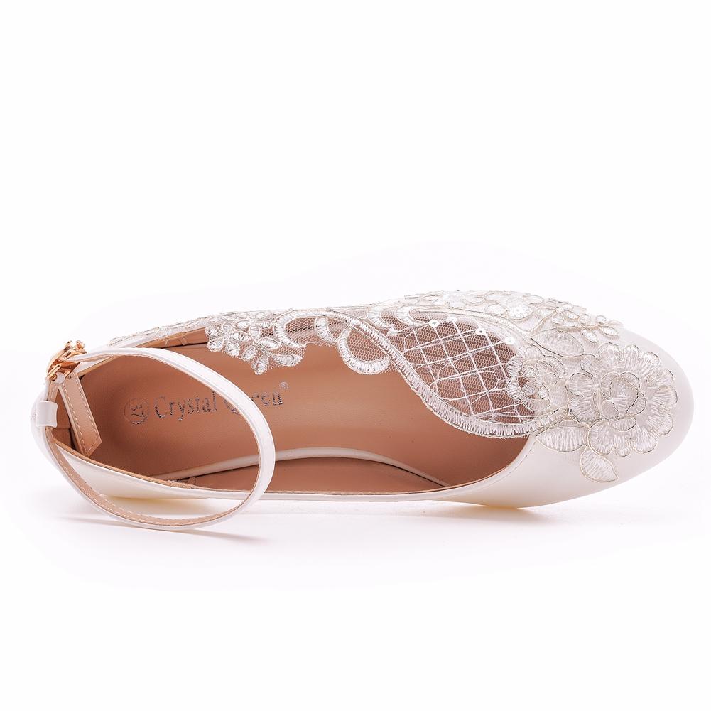 Crystal Queen Moda 3CM Tacchi Bassi Cinturino alla Caviglia Donna Scarpe da Festa Danza Matrimonio Pizzo Bianco Scarpe a Punta Donna