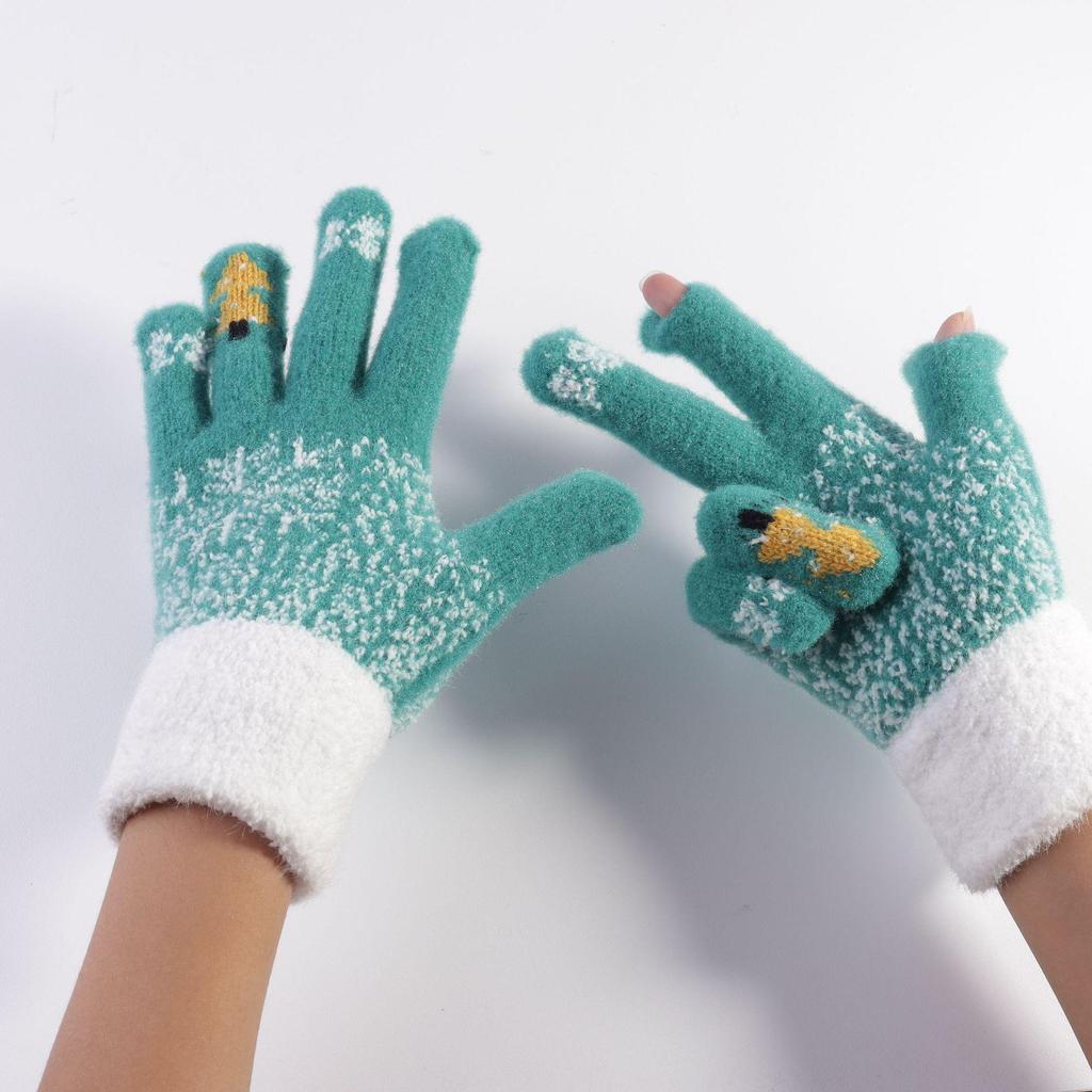 Women's Fingerless Woolen Touchscreen Gloves - Warm, Cute, Christmas Tree Design