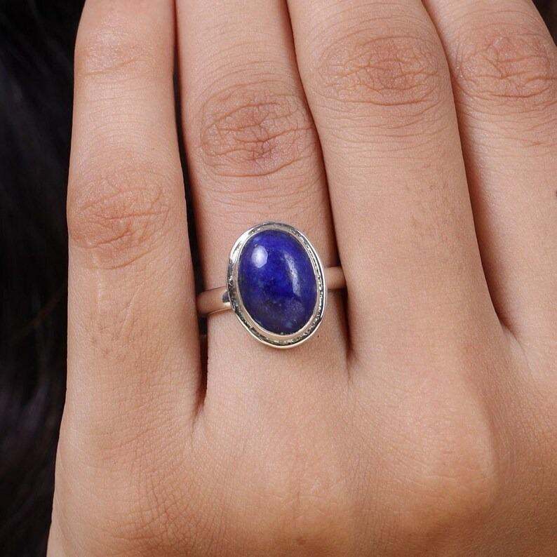 Lapis lazuli Oval Gemstone Ring, Solid 925 Sterling Silver Ring, Bezel Ring, Birthday Anniversary Gift, Designer Ring