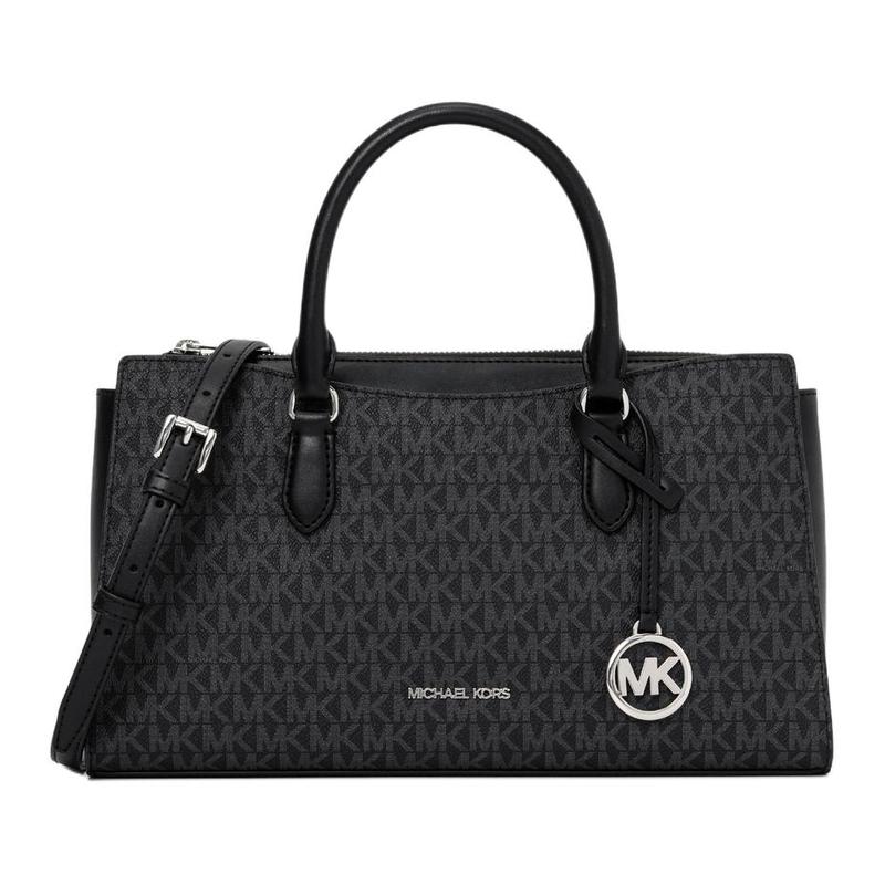 Michael Kors ARDEN Brand Letters All Over Printed Coated Canvas Shoulder Handbag Medium Size Women's Black