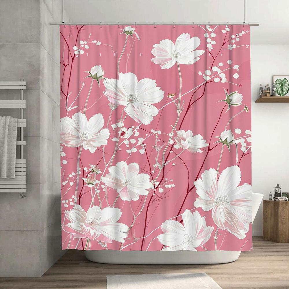 Pink White Flower Bath Shower Curtain Waterproof Bathroom Decor Home Decoration