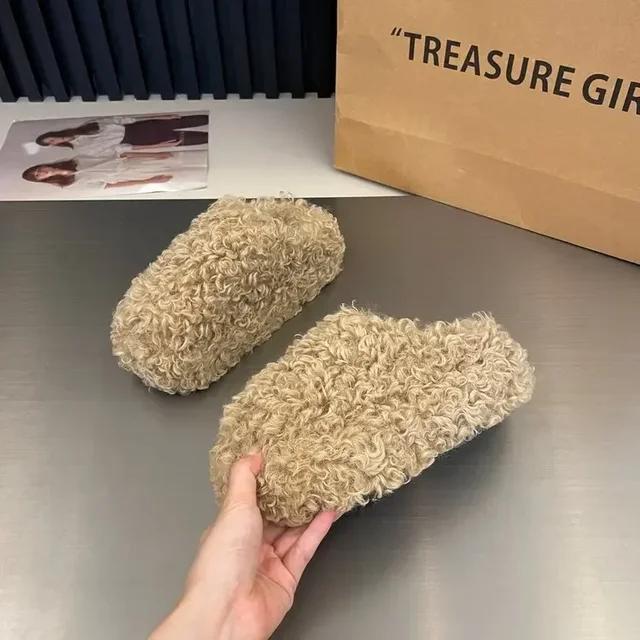 New Thick Heel Luxury Lamb Wool Winter Shoes for Women, Flip Top Flat Cap Shoes with Warm Curly Lamb Wool Slippers for Women