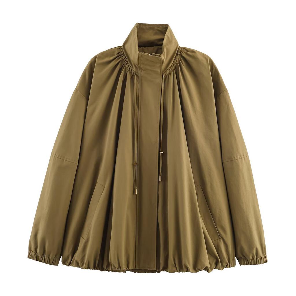 Women's Faux Suede Button Jacket Oversized Gathered Hem Short Length Coat Casual Vintage Outerwear With Pockets