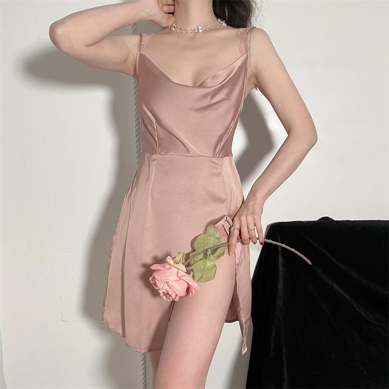 Spring and Summer Women's Wedding Dress Suit Kimono Bathrobe Dress Sexy Lace Pajamas Loose Satin Home Wear Casual Wear
