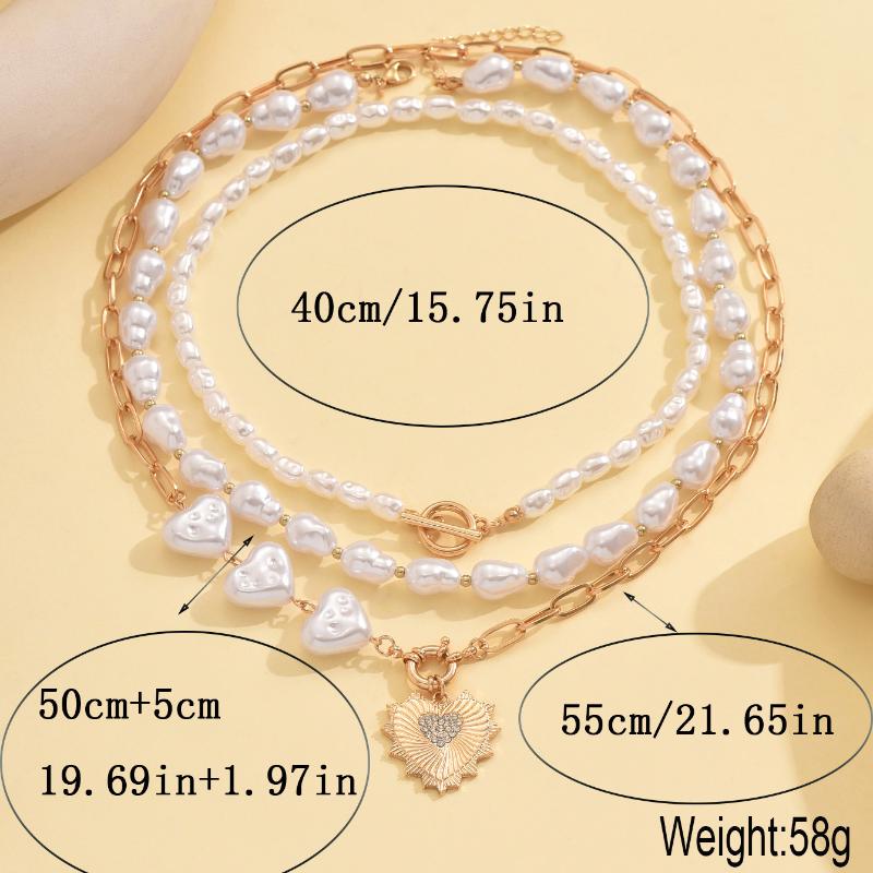 Vintage Layered Pearl Necklace For Women Gold Plated Multi Layer Chain Choker With Heart Lock Pendant For Party Daily Jewelry
