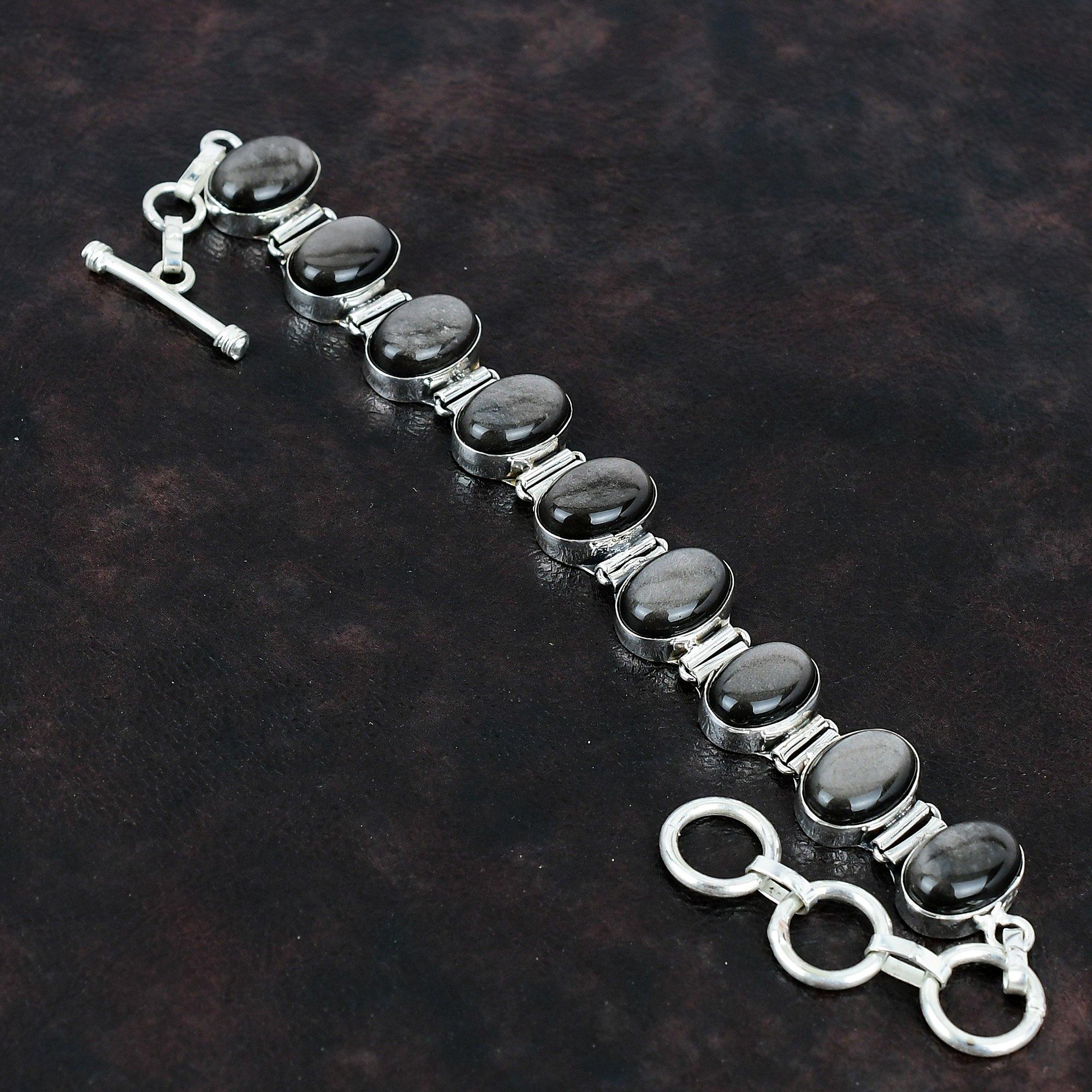 

Серебряный браслет из обсидиана, браслет из стерлингового серебра 925 пробы, регулируемый браслет-цепочка, ювелирные изделия ручной работы, браслет из настоящего драгоценного камня, подарки для нее Adjustable
