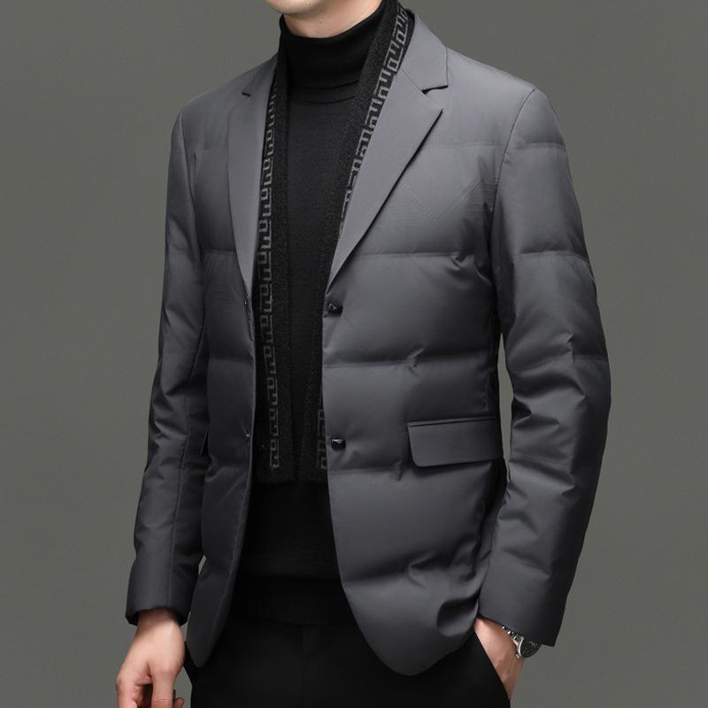 Men's Winter Suit-Style White Duck Down Jacket with Detachable Scarf, 90% Down Filled for Cold Protection and Warmth.