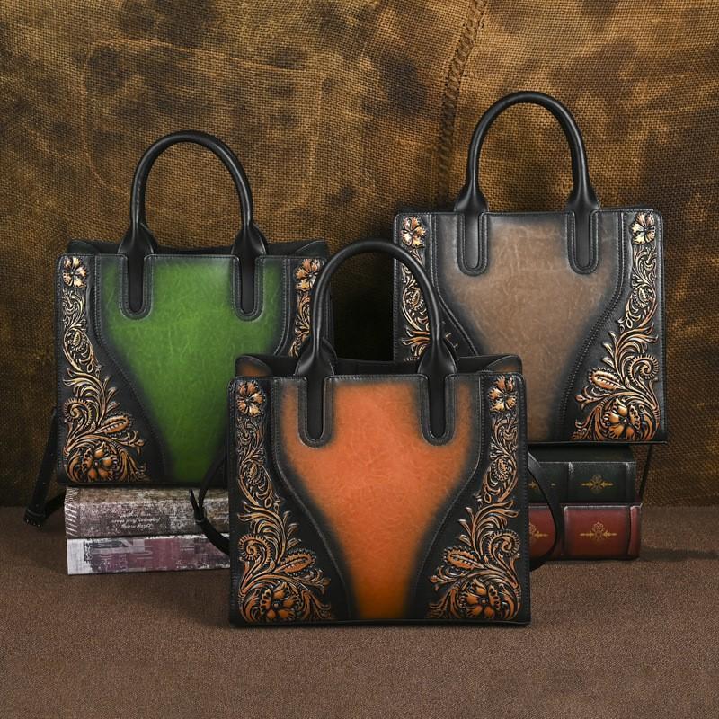 Johnature Genuine Leather Women's Handbag Retro Embossed Large Capacity Shoulder Crossbody Bags