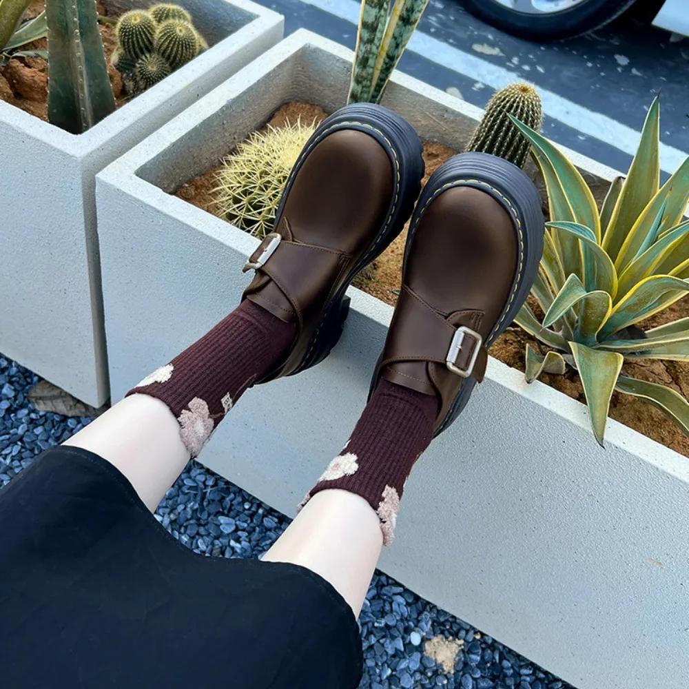 Buckle Platform Loafers Women's Shoes New Versatile British Style Small Leather Shoes Women Metal Belt Fastener Platform Shoes
