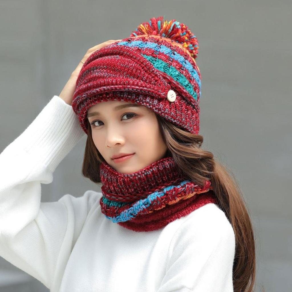 3 in 1 Winter Knitted Beanie Hat Face Cover Scarf Set Warm Fleece Lining  with Pompom for Women Girls