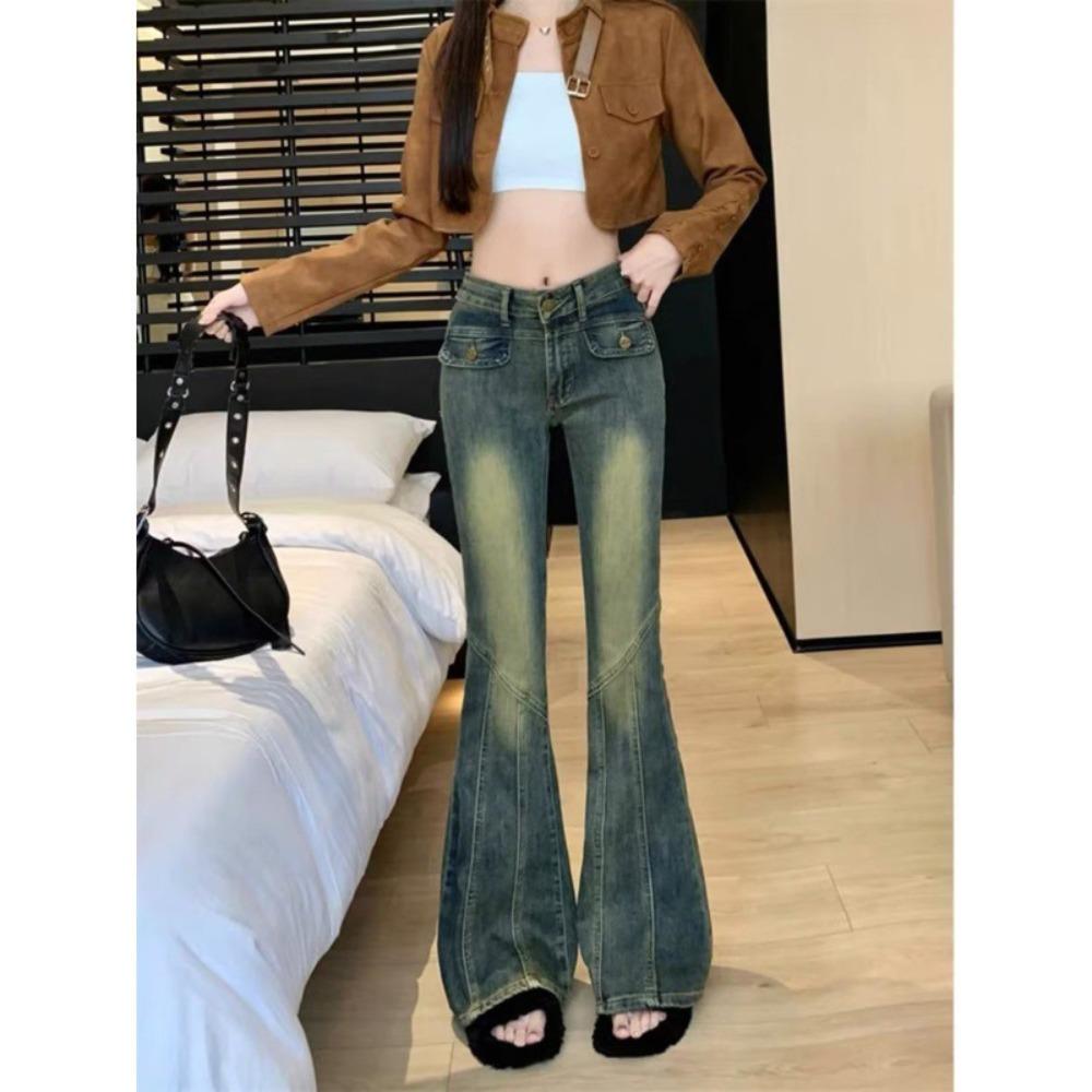 Street personality hot girl high waist micro pull jeans women spring and autumn new thin micro pull horseshoe jeans