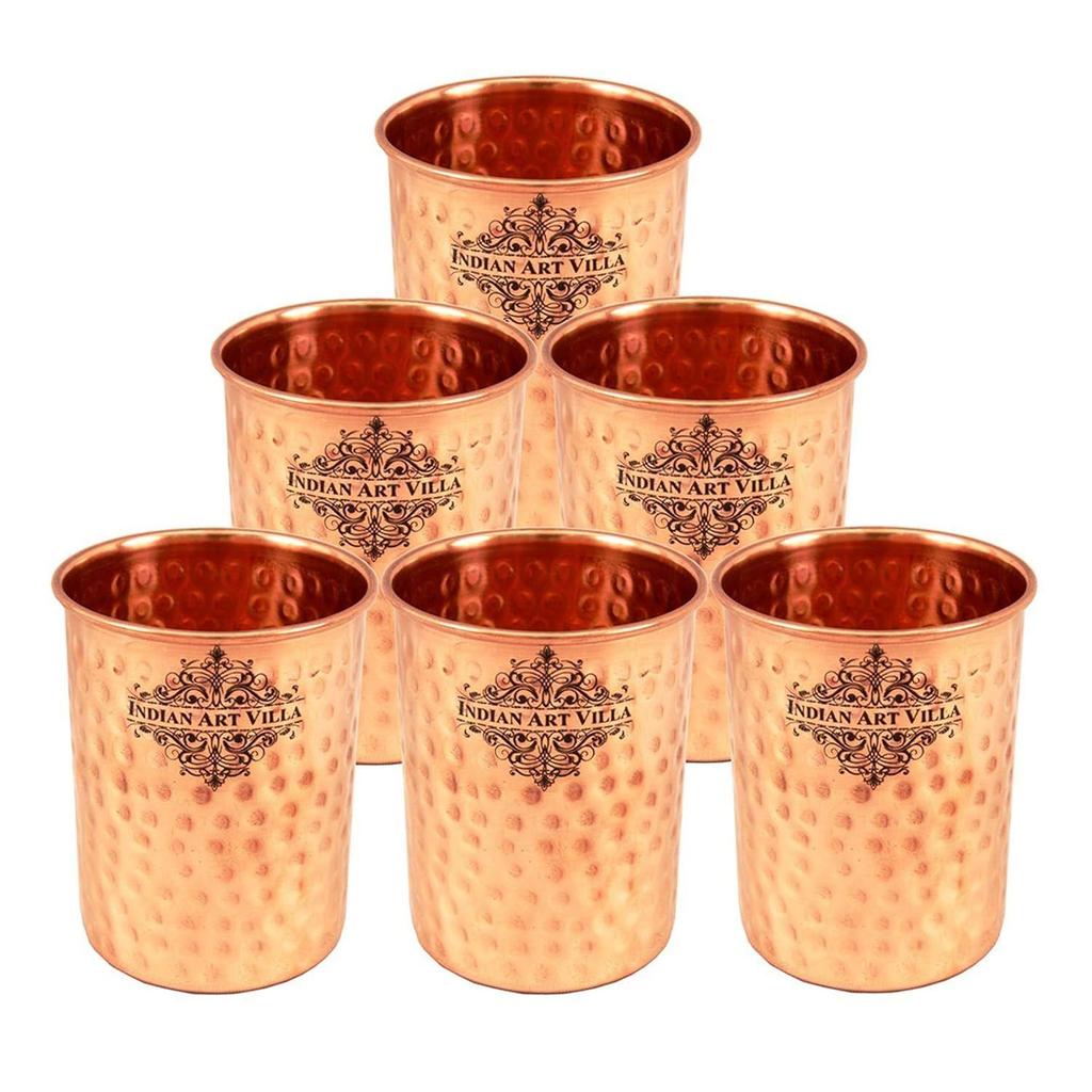Pure Copper Drinkware Gift Set of 1 Jug & 6 Glass with Gift Box & Hammered Design, Gifting Item for Diwali, Jug-1.5 Litre & Glass-300 ML