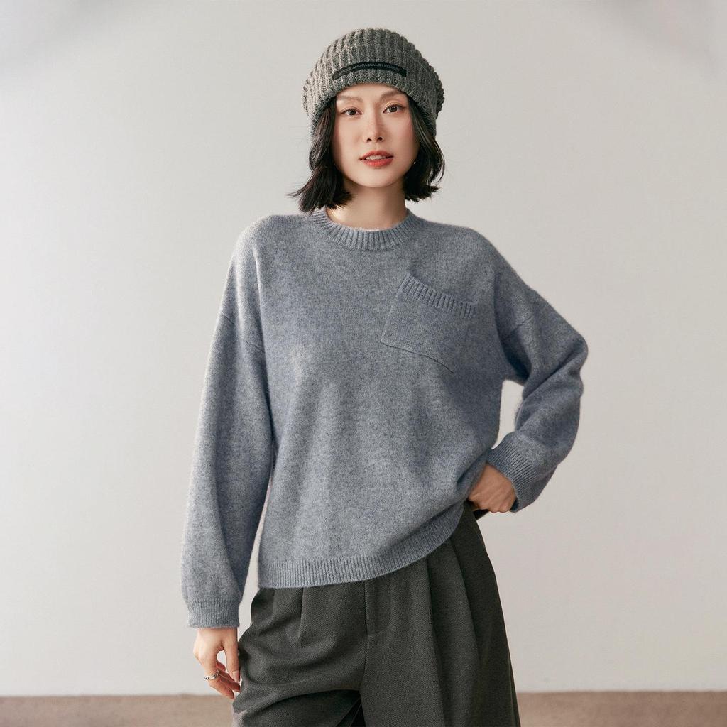 Women's Cashmere Round Neck Sweater - 2025 Autumn/Winter Collection, Loose Fit, Elegant Style, with Pockets for Warmth
