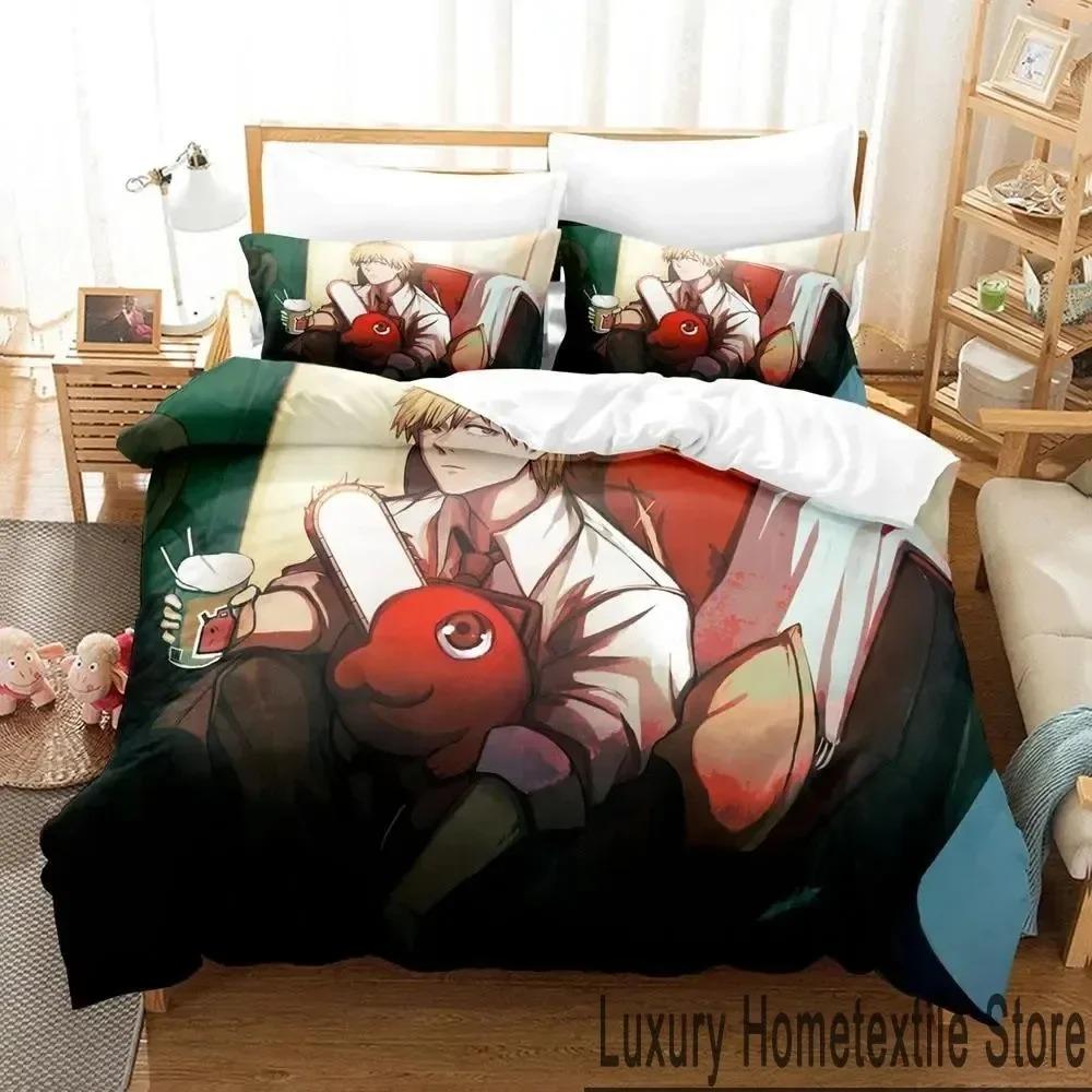Anime Pochita Chainsaw Man Bedding Set Boys Girls Twin Queen King Size Duvet Cover Pillowcase Bed Boys Adult Home Textileextile